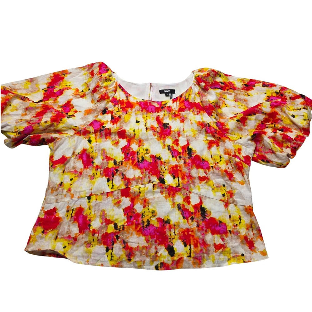 DKNY Womens XL Linen Blend Puff Sleeve Abstract Floral Peplum Top Pink Orange